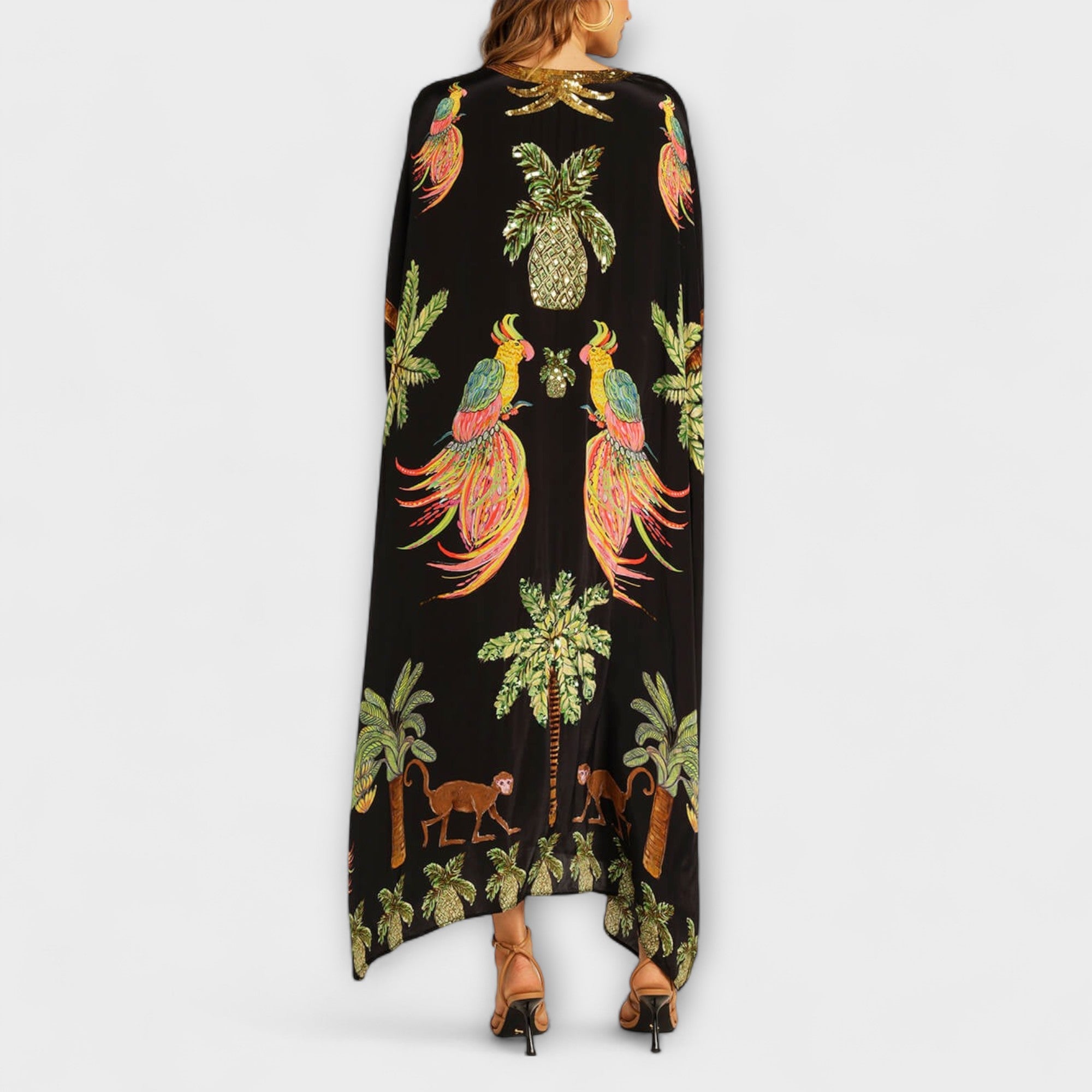 Linda - Auffälliges Kleid mit schulterfreiem Design und Kokosnussbaum-Print