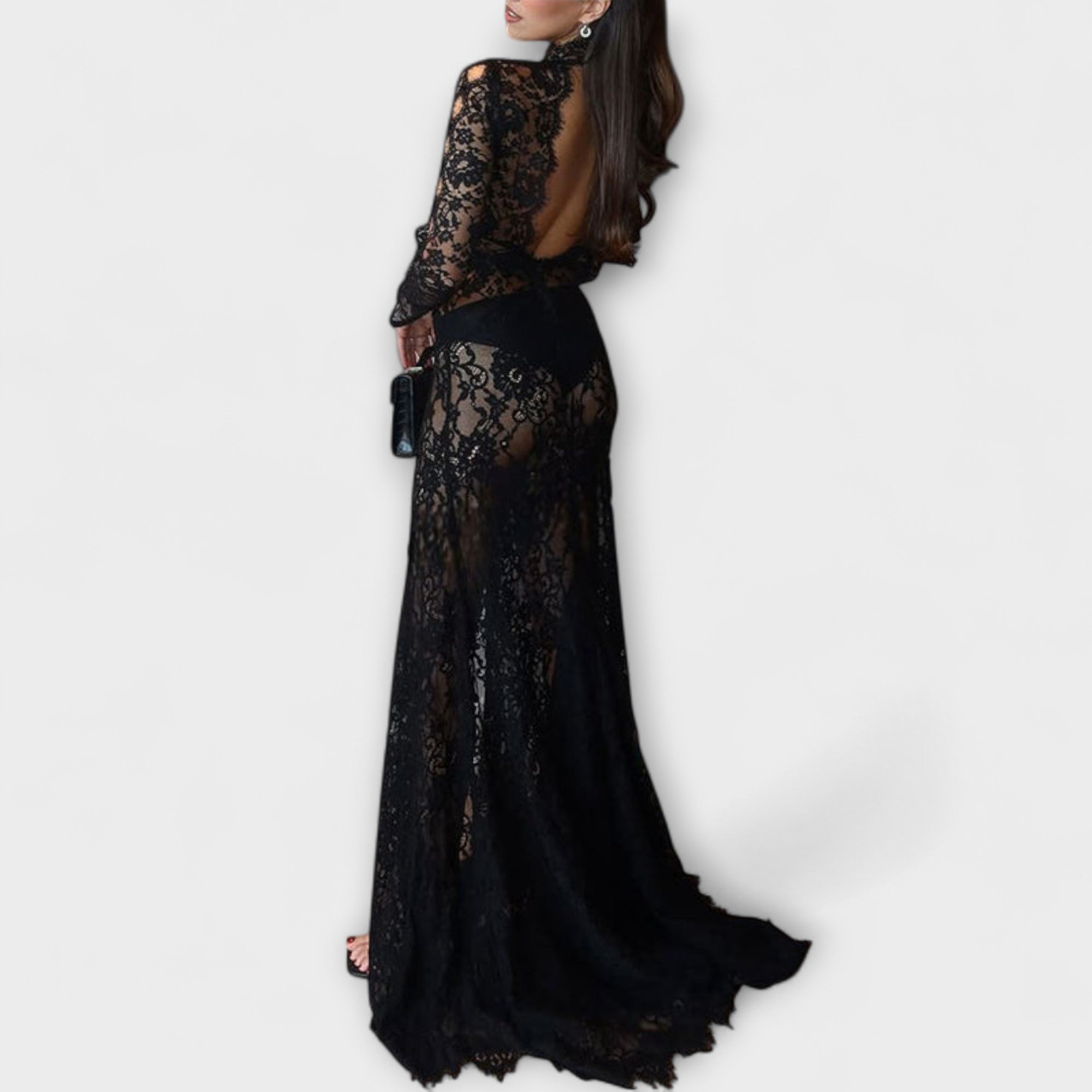 Azalee - Mitternachts Eleganz Transparente Cutout Langarm Stretch Maxikleid