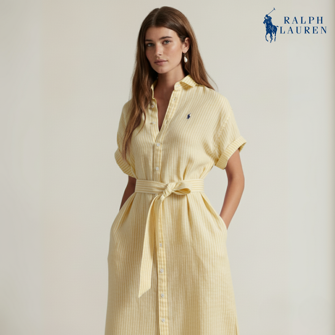 Gestreiftes Leinenhemdkleid mit kurzen Ärmeln