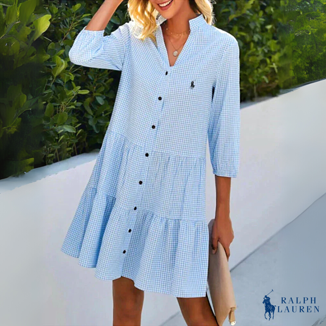 Sommer Chemise Gingham V-Ausschnitt Knopfverschluss Kleid von Ꮢalph Ꮮаᴜгеn + Kostenloser Ꮢalph Ꮮаᴜгеn Sonnenhut
