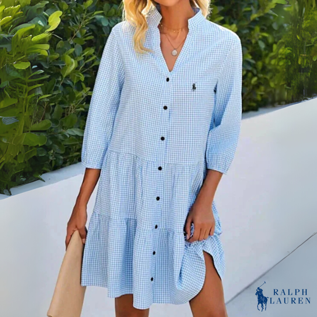 Sommer Chemise Gingham V-Ausschnitt Knopfverschluss Kleid von Ꮢalph Ꮮаᴜгеn + Kostenloser Ꮢalph Ꮮаᴜгеn Sonnenhut