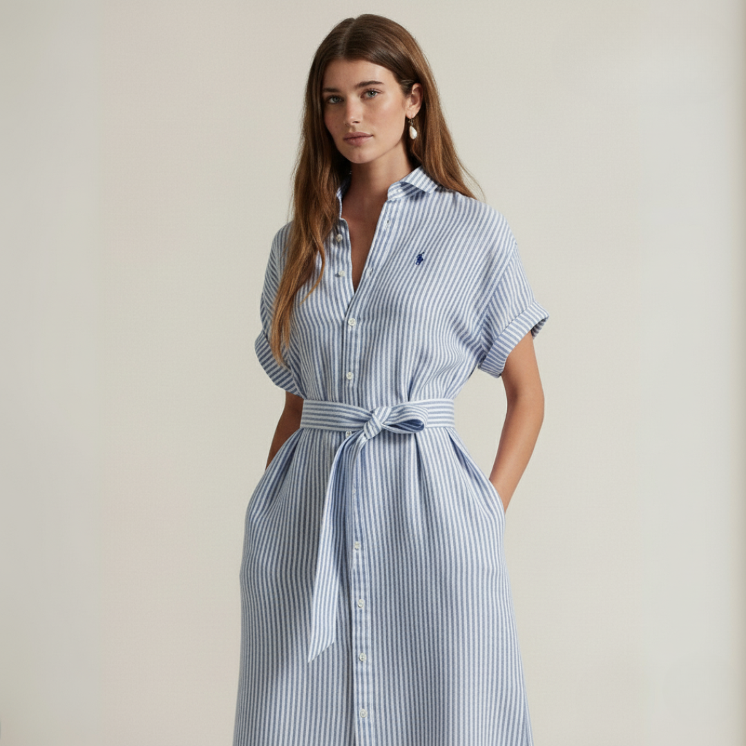 R. Lauren Gestreiftes Leinenhemdkleid mit kurzen Ärmeln