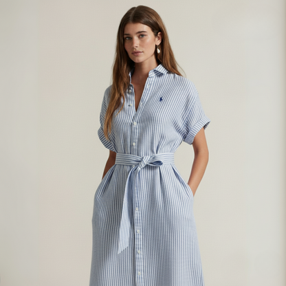 R. Lauren Gestreiftes Leinenhemdkleid mit kurzen Ärmeln