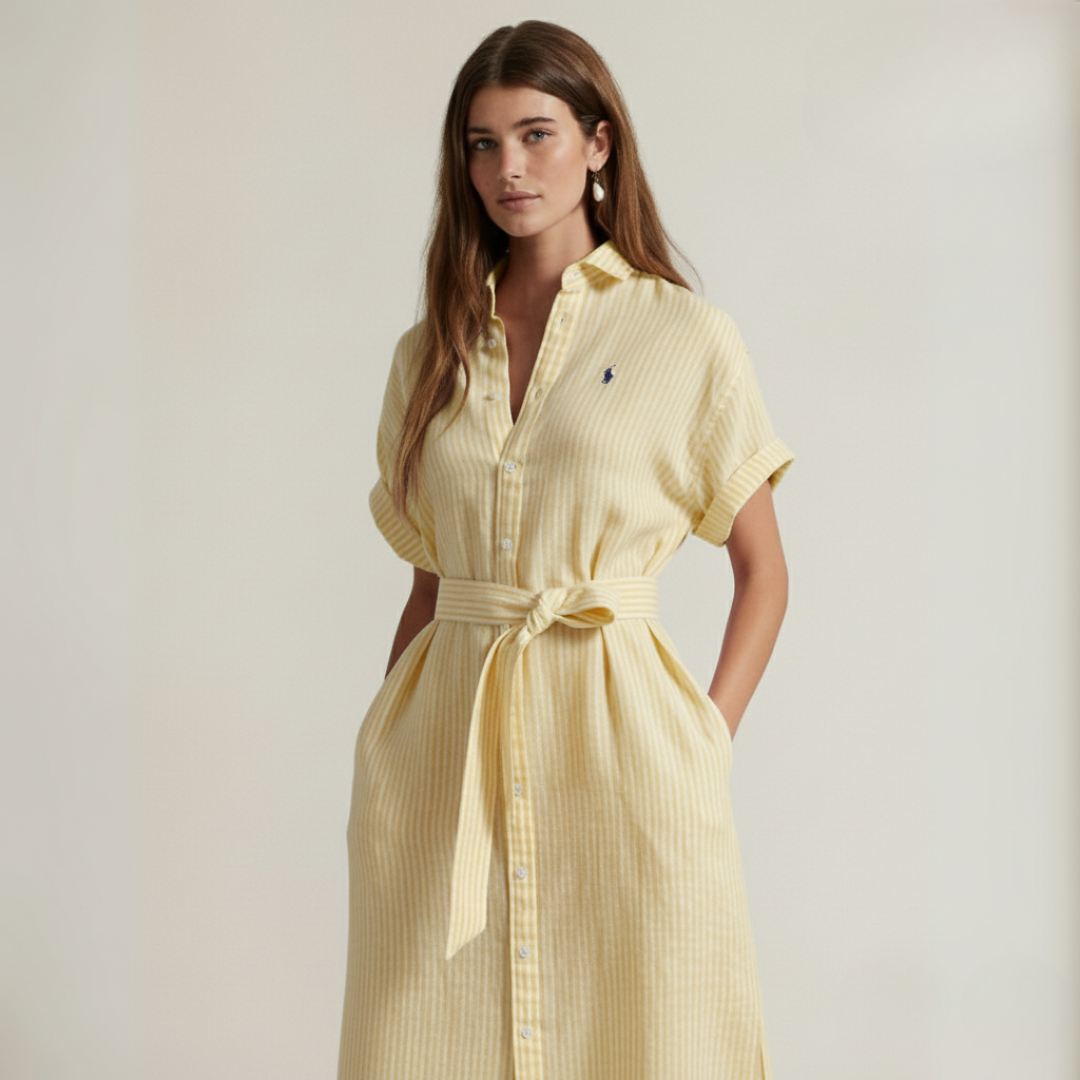 R. Lauren Gestreiftes Leinenhemdkleid mit kurzen Ärmeln
