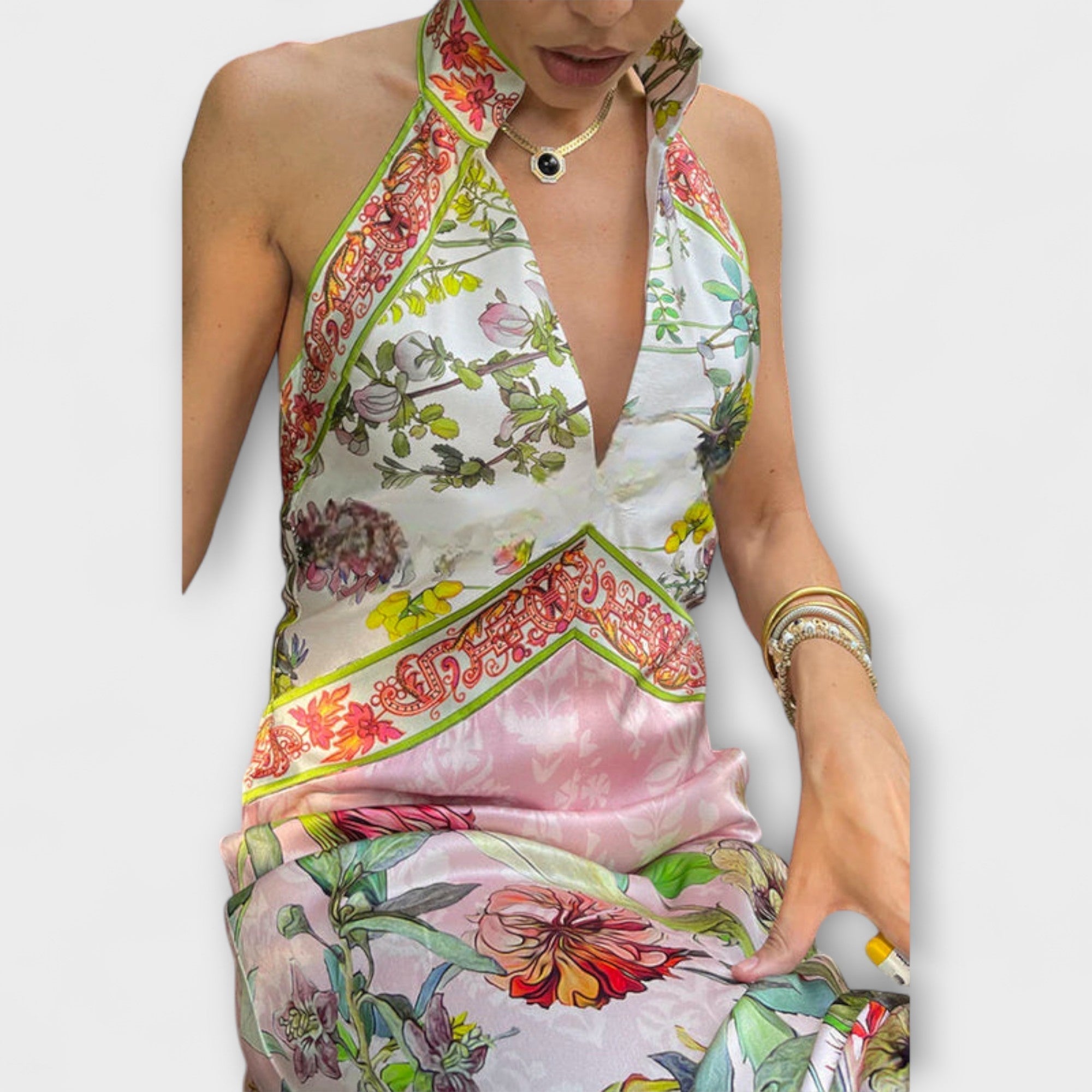 Ayla - Ärmelloses Maxikleid mit floralem Muster und offener Rückseite