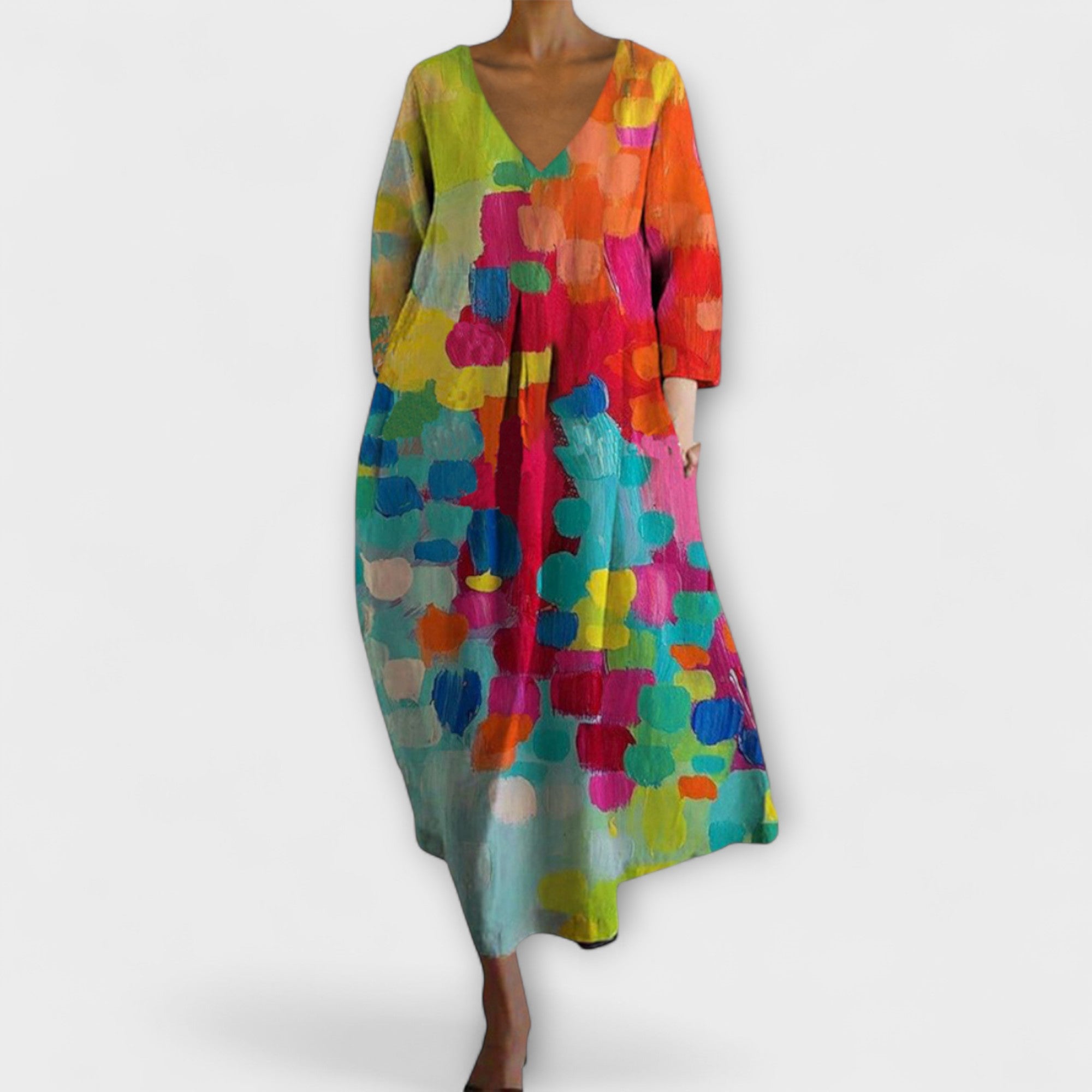Fiona - Langes, Farbiges Kleid mit V-Ausschnitt