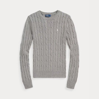 Zopfmuster-Baumwollpullover mit Rundhalsausschnitt
