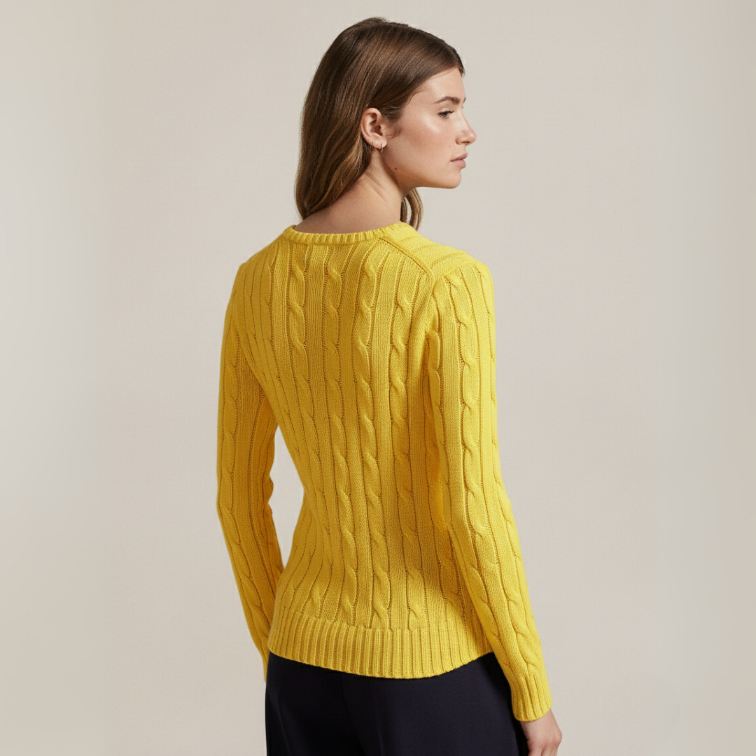 Zopfmuster-Baumwollpullover mit Rundhalsausschnitt