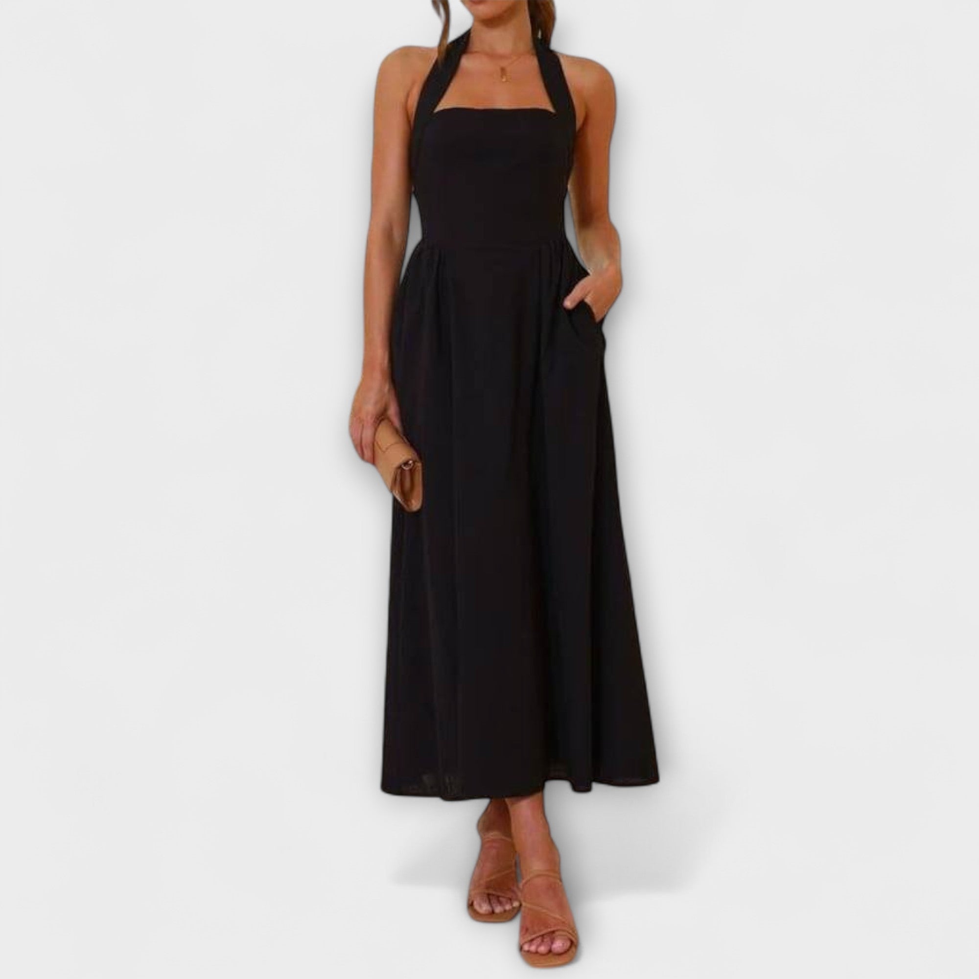Lydia - Schwarzes Midikleid mit Halsband und Taillendetail